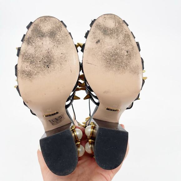 Gucci Black Leather Kendall Studded Pearl Embellished Cage Block Heels EU 39 - Picture 13 of 16